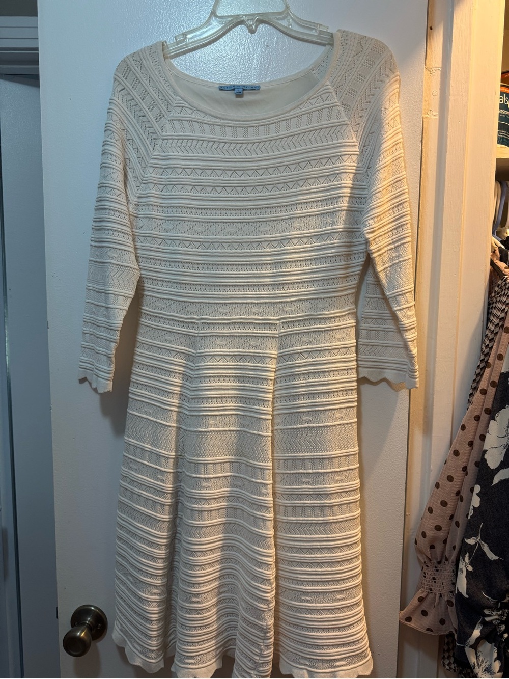 ANTONIO MELANI Cream Textured Fit-and-Flare Long Sleeve Dress